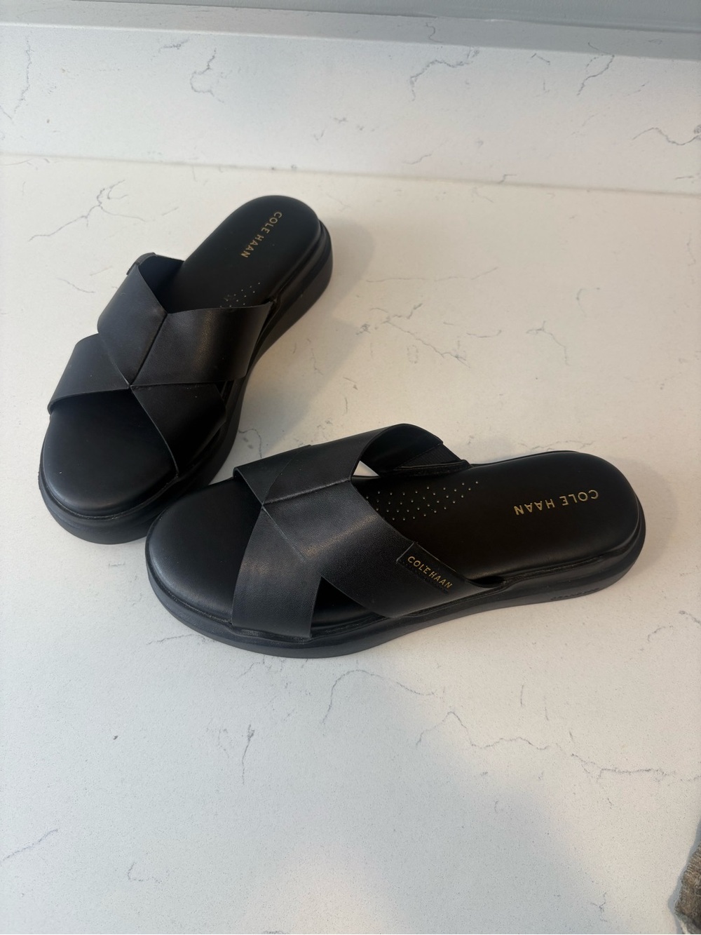 Cole Haan Black Leather Crisscross Slide Sandals